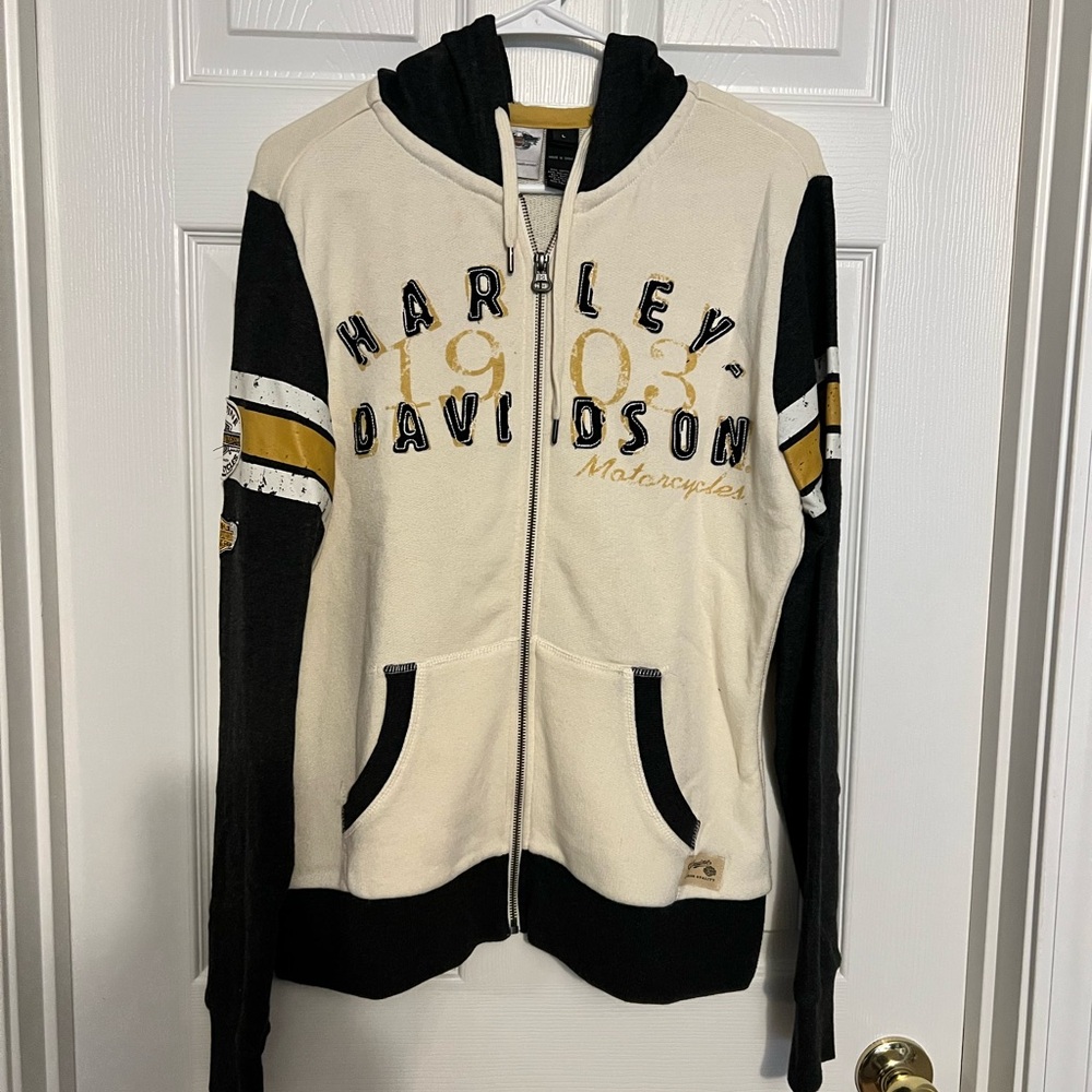 Harley-Davidson Black and Cream Hoodie with Gold Accents